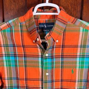 Ralph Lauren Men's Cotton Orange Plaid Short Sleeve Button Up Shirt Sz. Medium